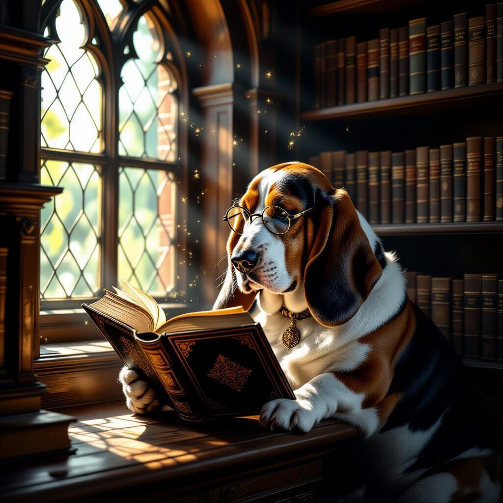 Basset Hound Reads Ancient Tome in Dusty Library