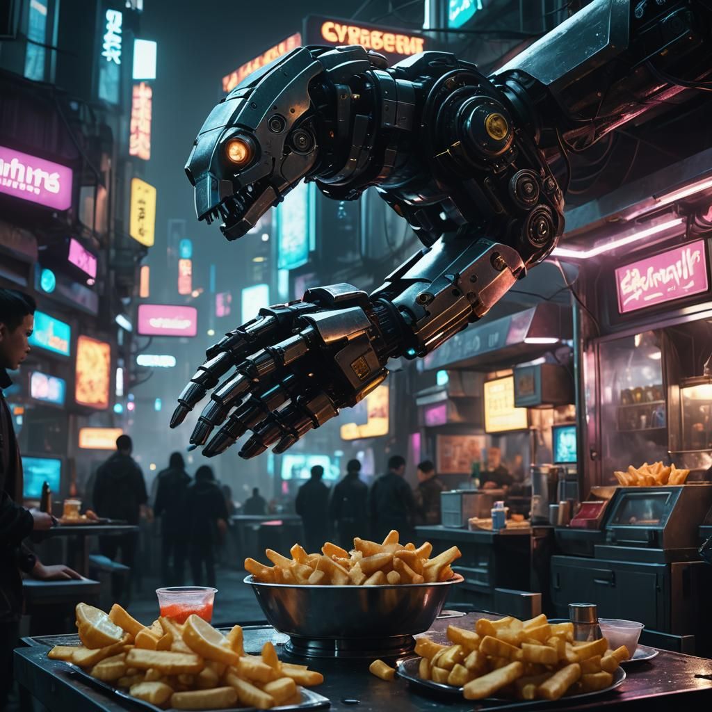 Cyberpunk Fish and Chips in Futuristic Cityscape