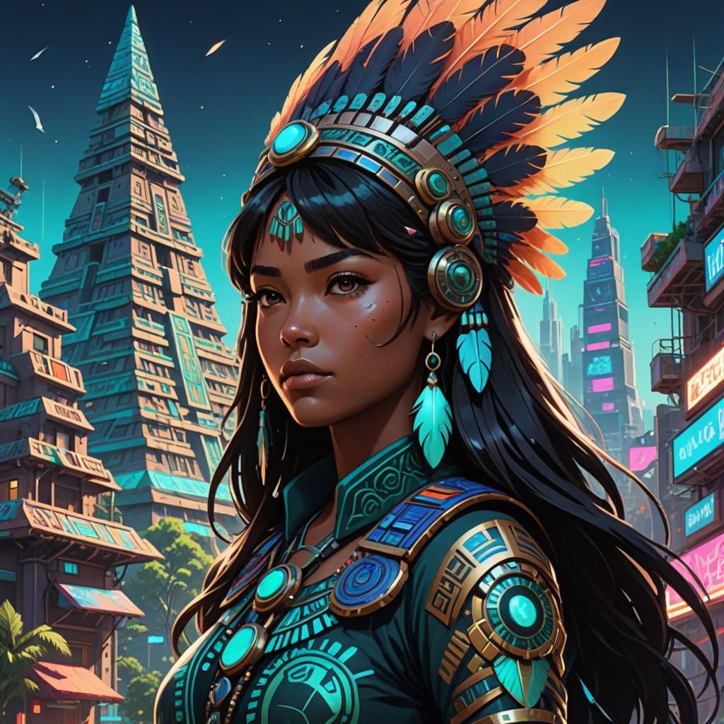 Confident Aztec Goddess in Futuristic Cityscape