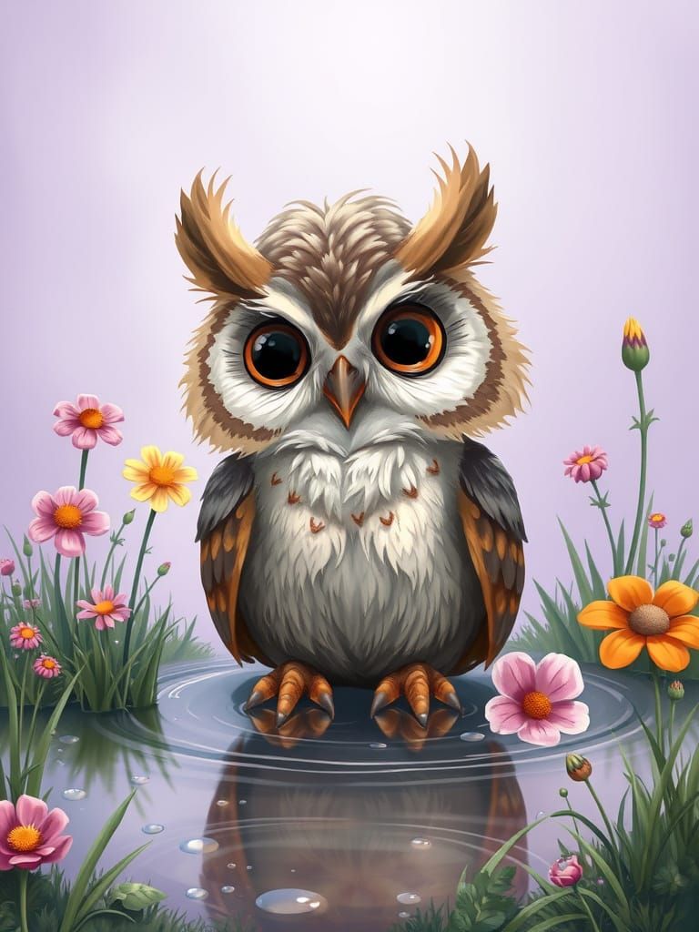CGI, oil and alcohol ink cute baby owl with exagerrated feat...