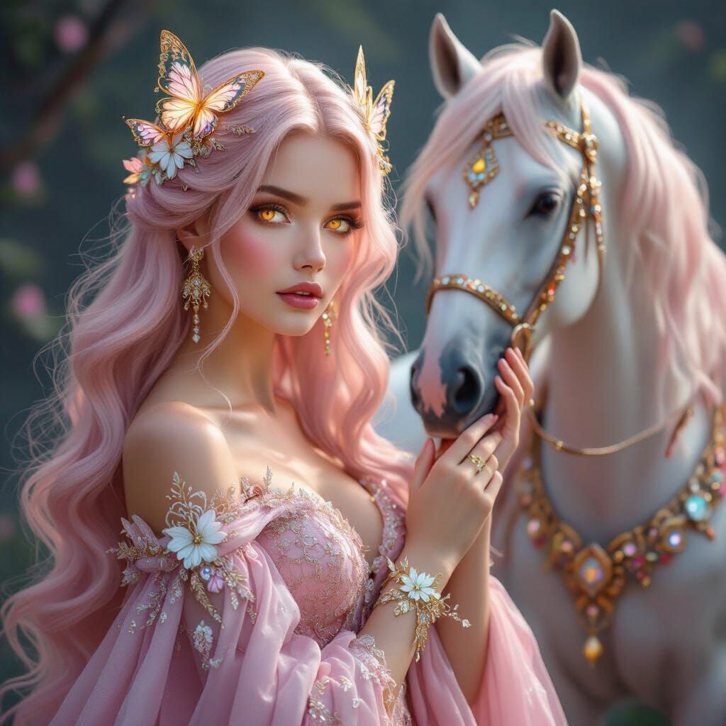 Ethereal Princess with Majestic Horse in Enchanted Forest