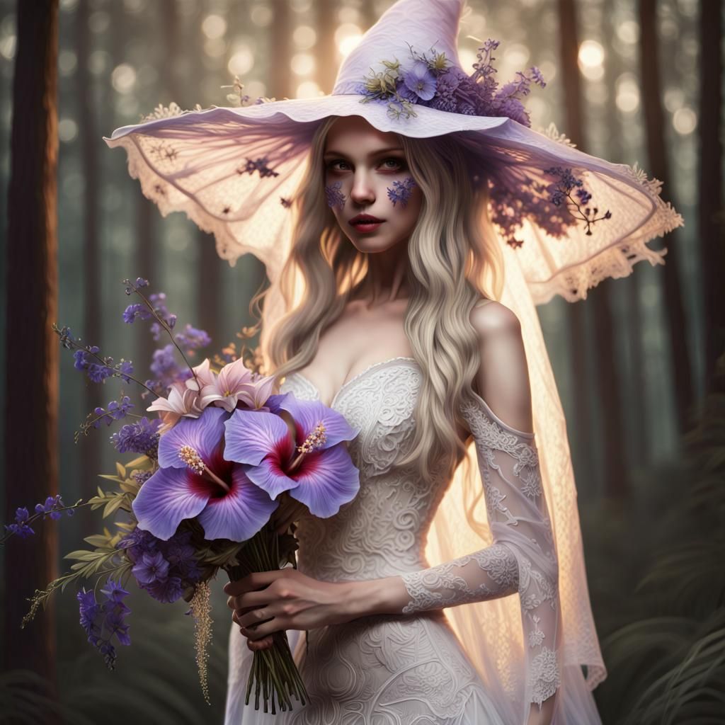 Nymph Witch with Fractal Bouquet in Forest Arbour