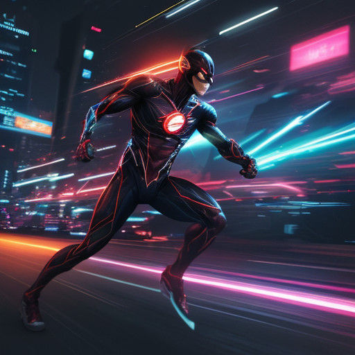 Superhero Blurs Through Vibrant Futuristic Cityscape