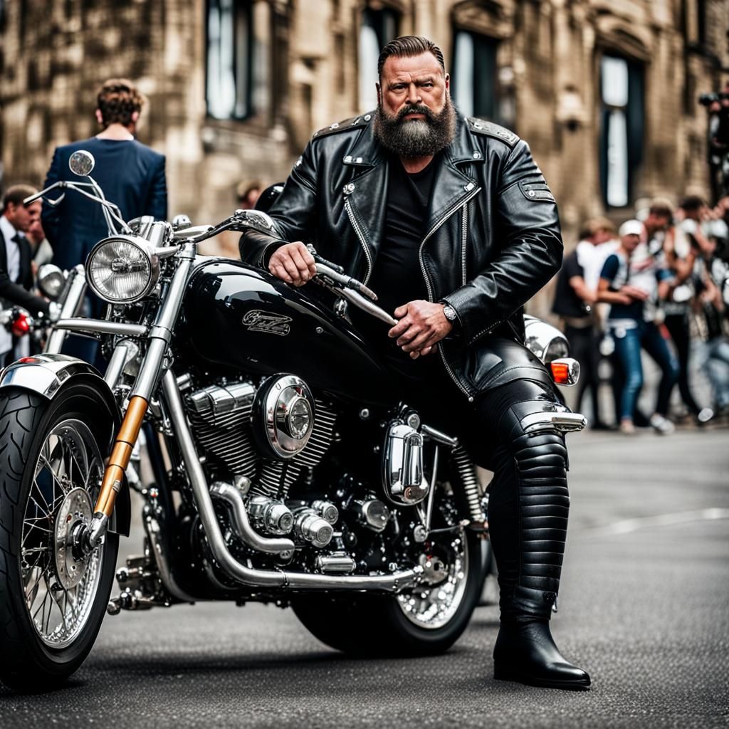 Biker in Black Leathers Beside Silver Motorbike