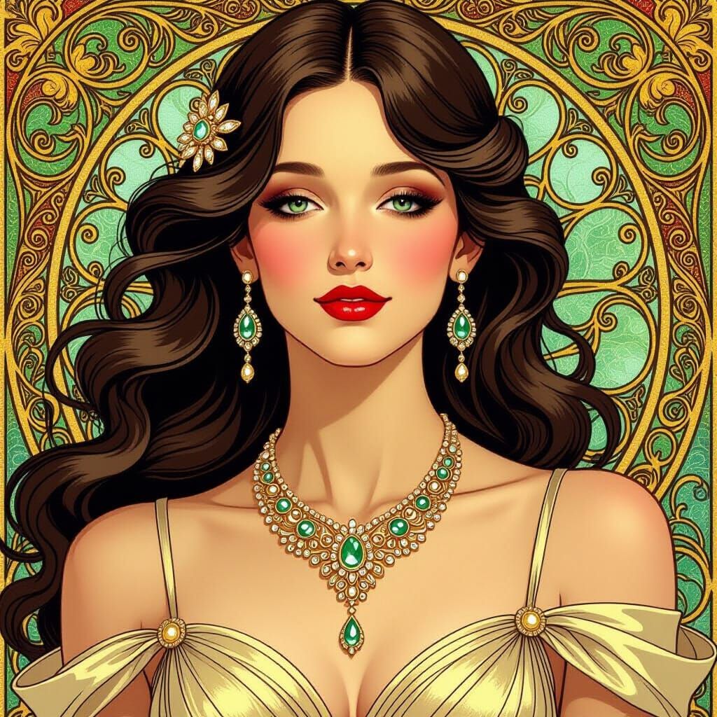 Elegant Woman in Gold Necklace, Art Nouveau Style