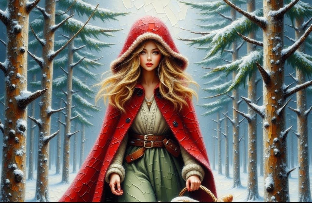 Little Red Riding Hood in a Snowy Forest of Fir Trees, Oil P...