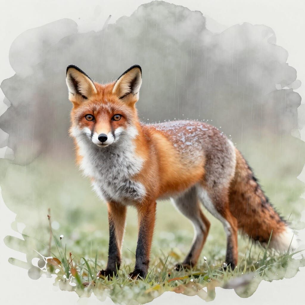 Ink Wash Fox in Spring Rain