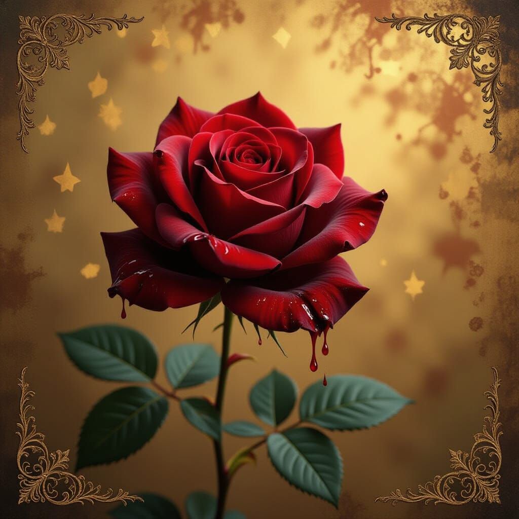 Gothic Rose Dripping Blood with Gold Background