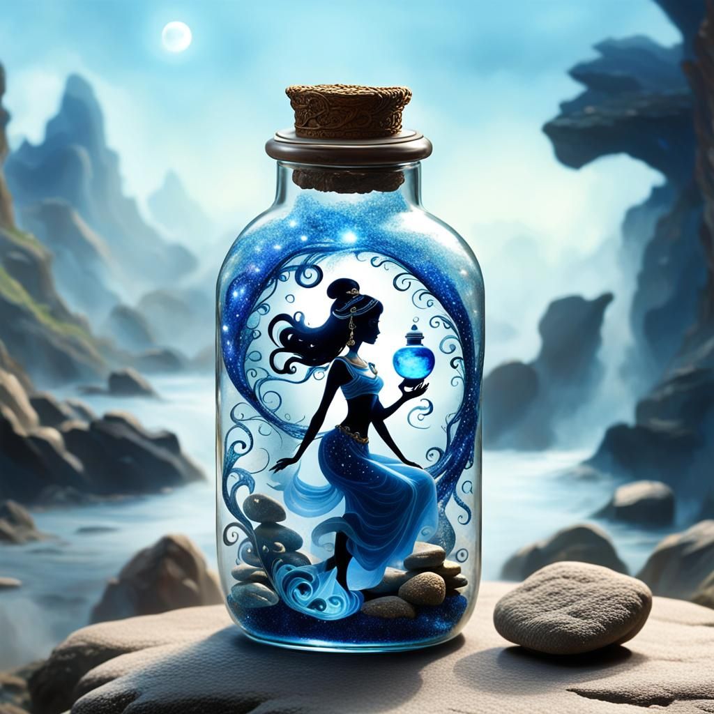 Miniature Genie Trapped in Decorative Glass Bottle