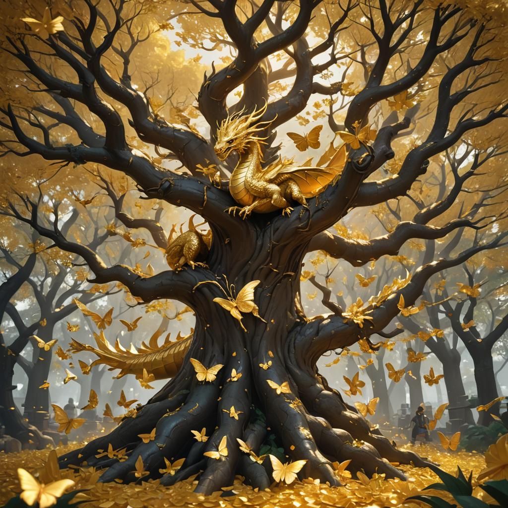 Golden Tree with Dragon and Butterflies, Anime Art