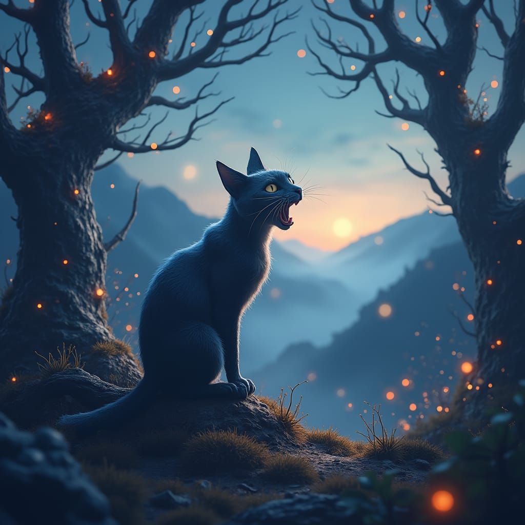 Mystical Cat Meow in Dreamlike Forest