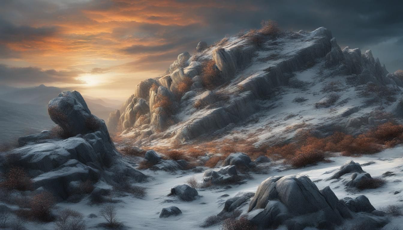 Epic Windswept Rocks at Sunset: Dark Fantasy Landscape