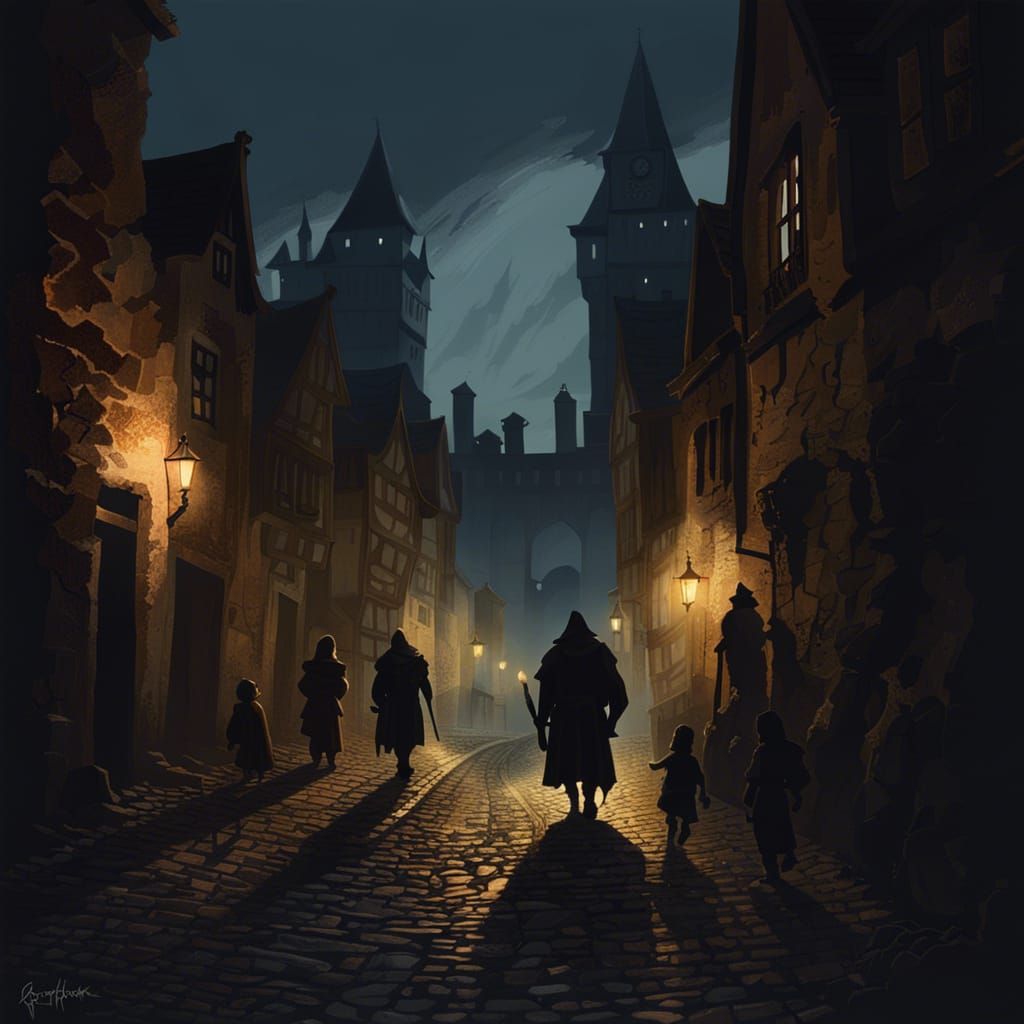 Sinister Medieval Street at Night in Rutkowski Style