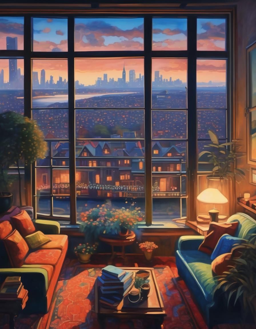 Cozy Living Room with City View Painting