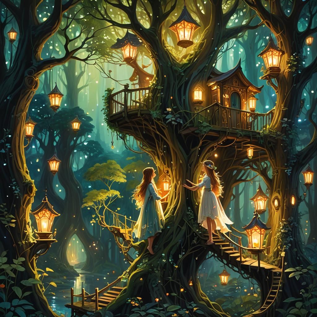 Sisters Discover Luminous Elves in Enchanted Forest