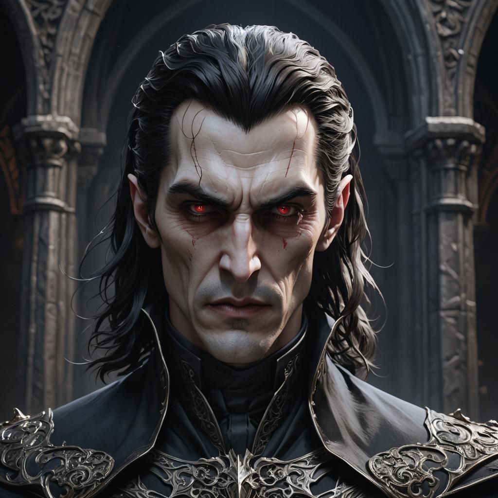 Detailed 3D Anime Portrait of Dracula in Gothic Setting