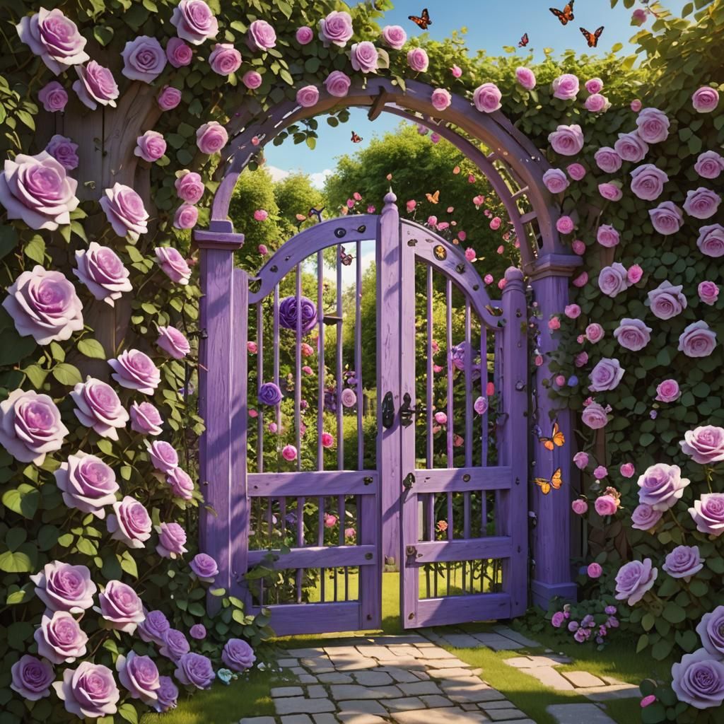 Purple Rose Garden Gate in Summer Sunlight