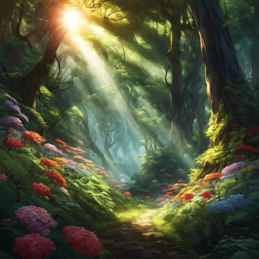 Lush Forest Scene in Anime Style