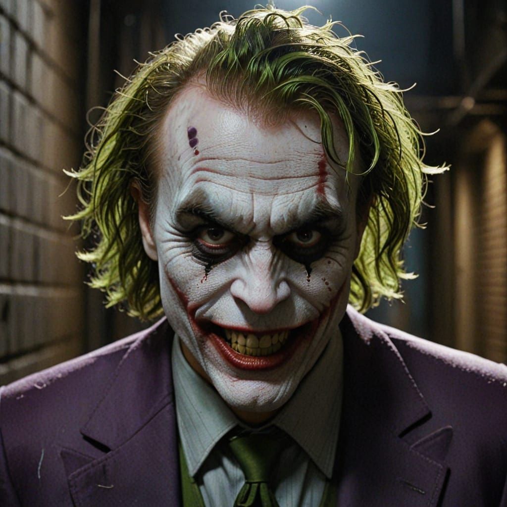 The Joker's Maniacal Face in Dark Gotham Alleyway