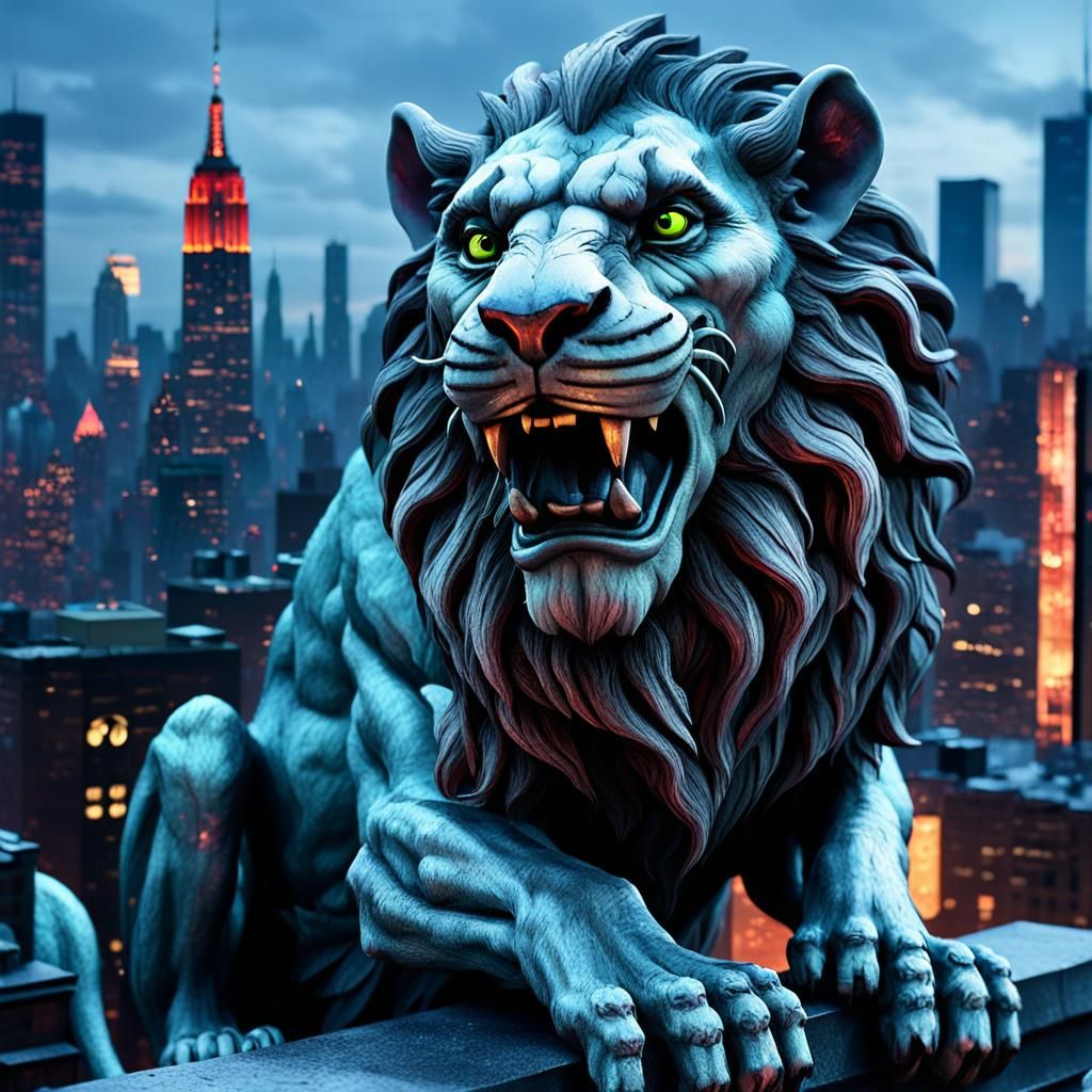 Lion Gargoyle on New York Nightclub Roof: Digital Matte Pain...