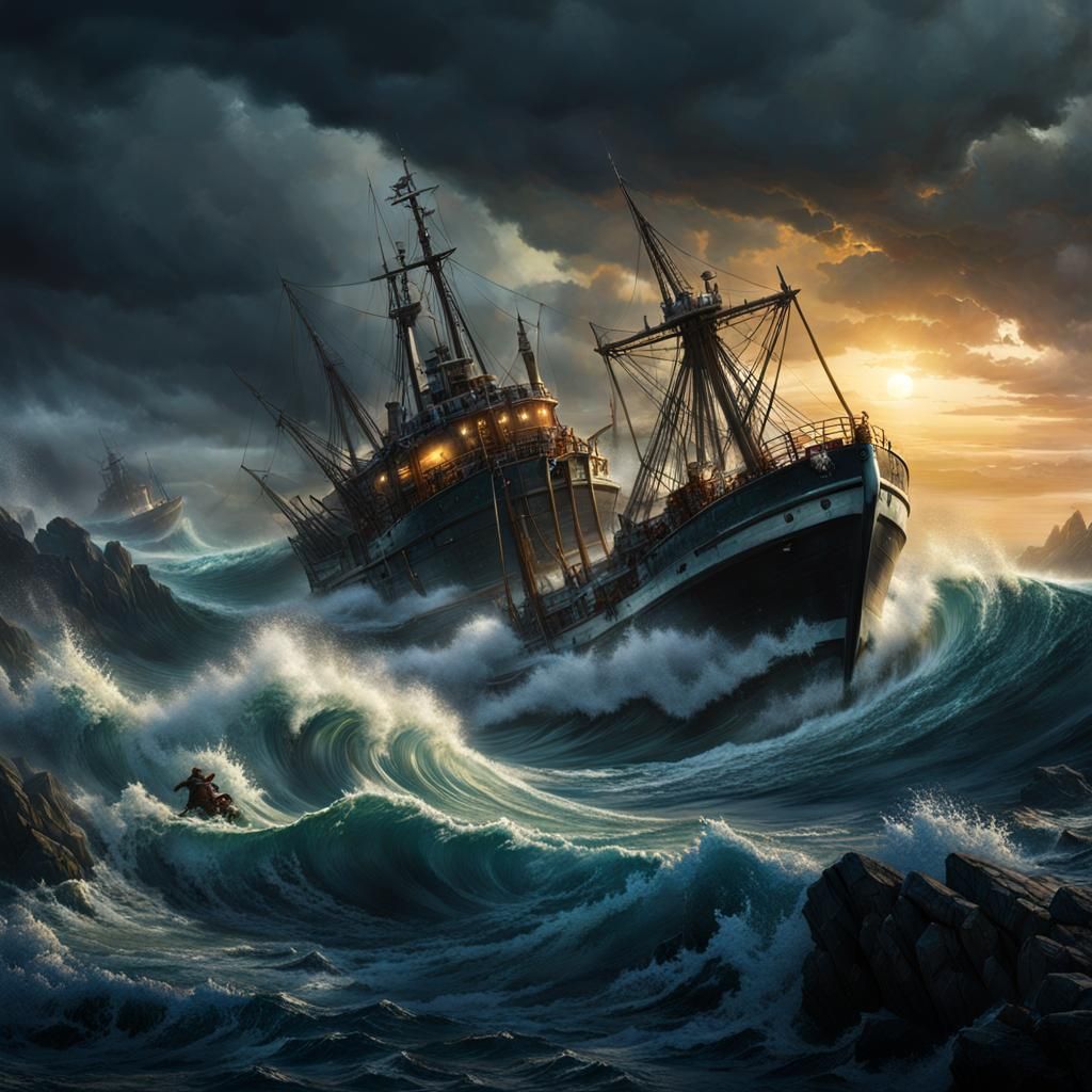 Monstrous Wave Engulfs Trawler: Dark Fantasy Art
