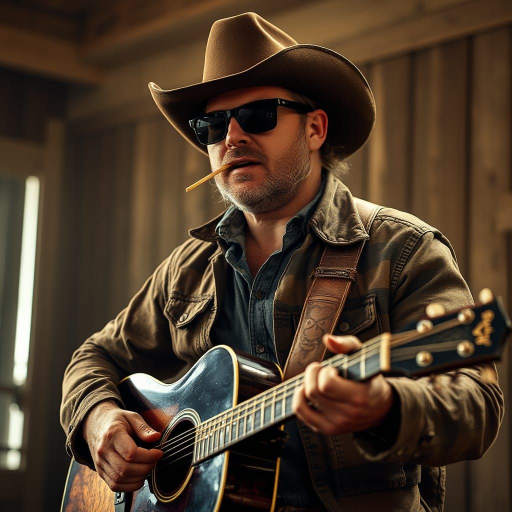 ein cooler Cowboy Sänger mit Sonnenbrille und Zahnstocher im Mund Cinematic film still, shot on v-raptor XL, film grain,...