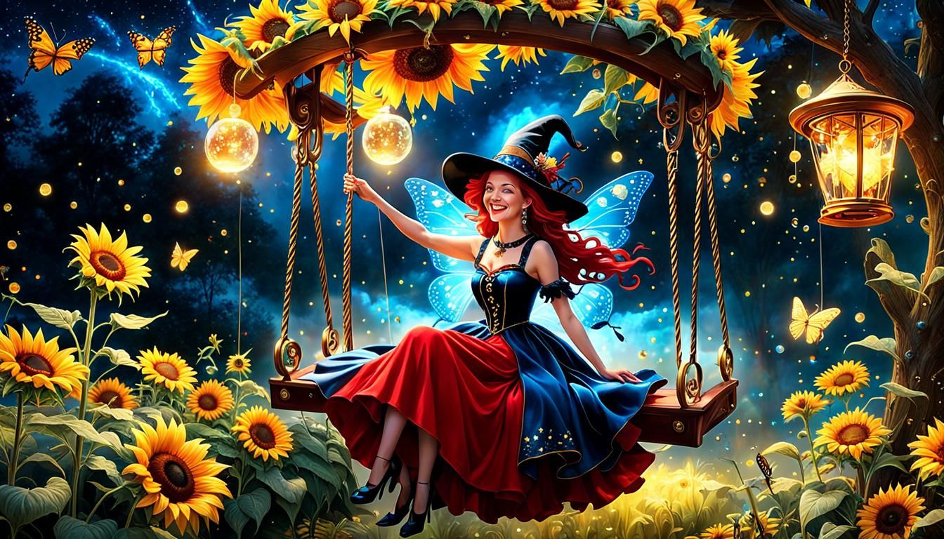 Ethereal Witch on Swing with Fireflies, Cosmic Illustration