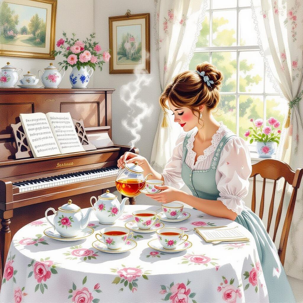 Charming English Cottage Tea Room in Watercolor Style