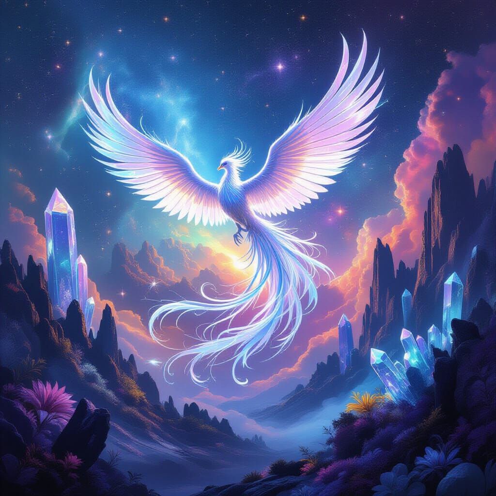 Crystal Phoenix Soars Through Nebula Landscape