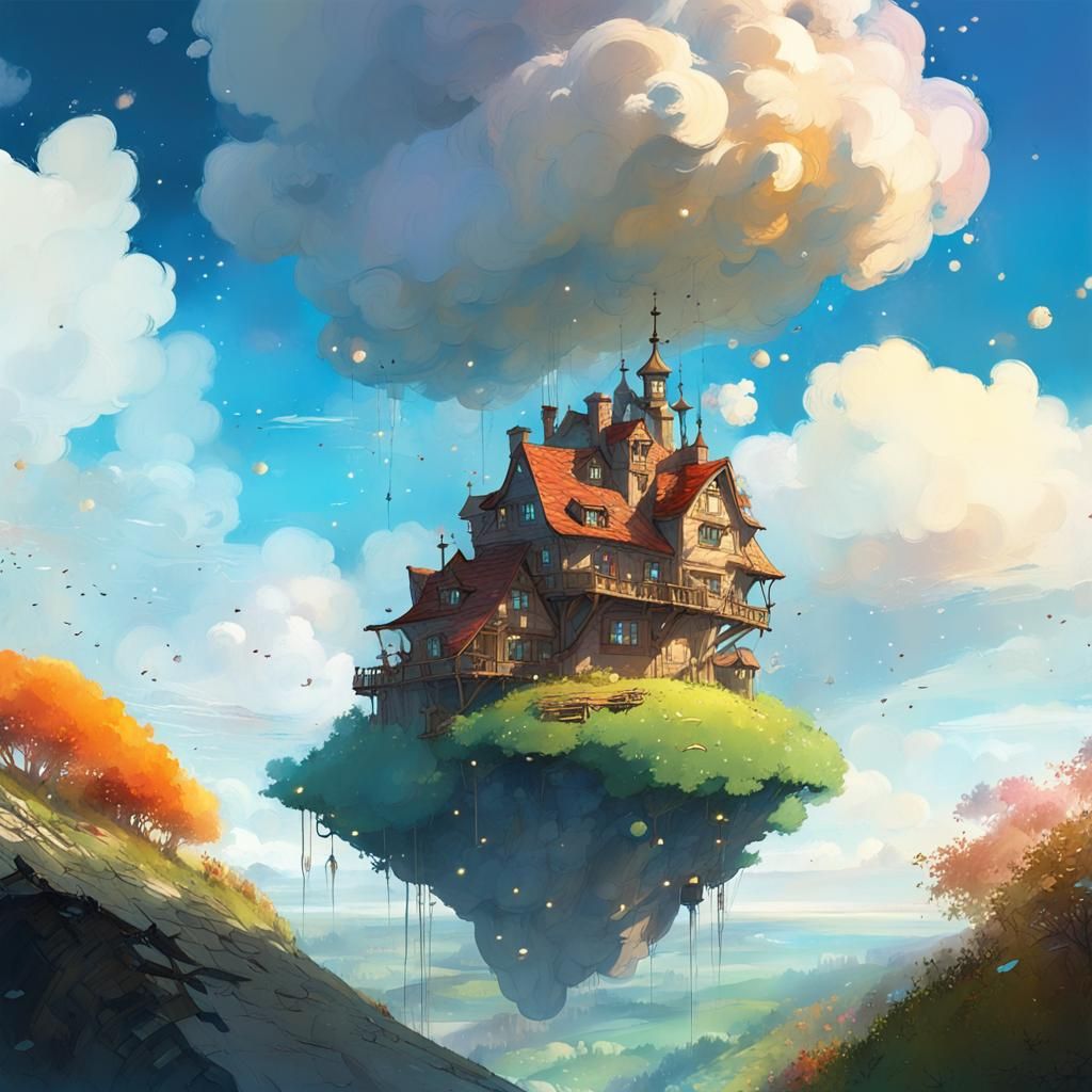 Enchanted Floating Cottage in Cosmic Cloudscape