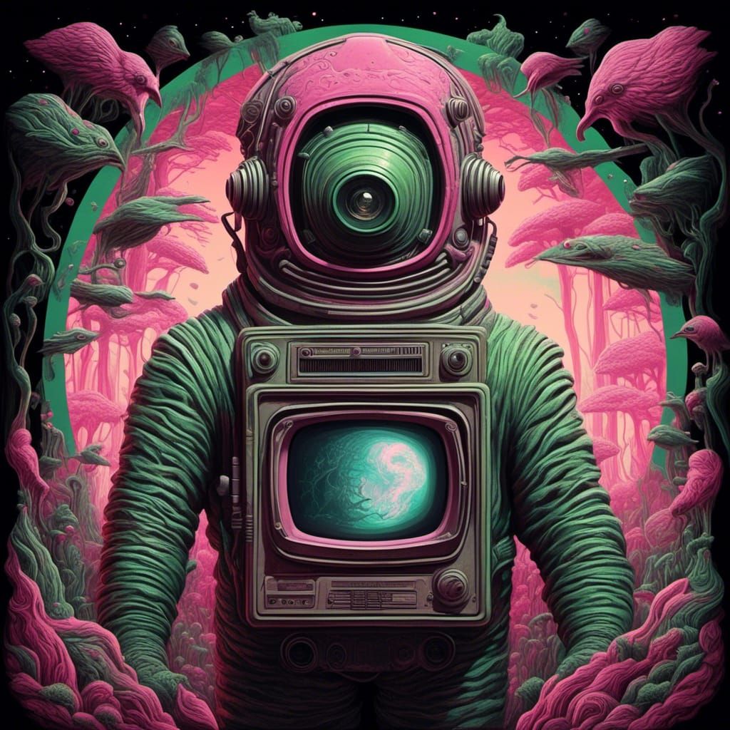 Astronaut with TV Head in Psychedelic Portrait