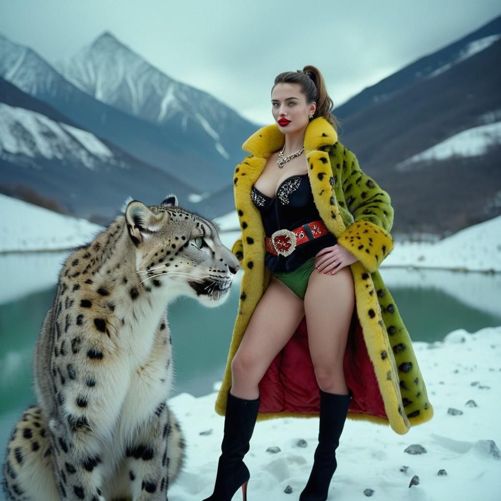Woman and Snow Leopard in Cinematic Winter Landscape
