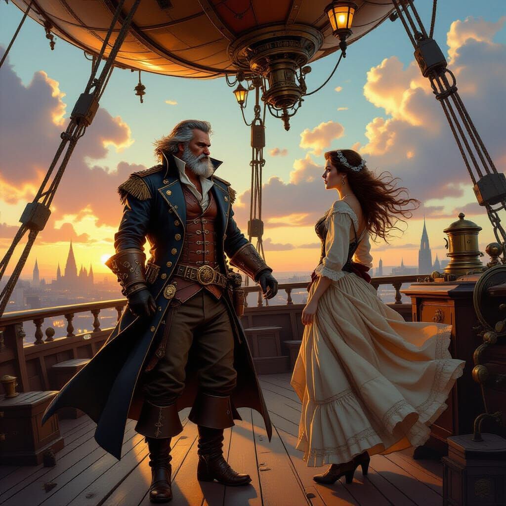 Steampunk Airship Pirate Captain Gazing at Victorian City