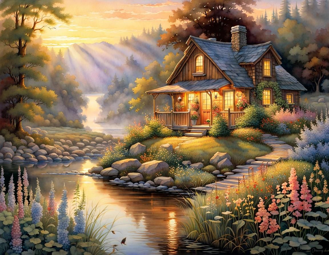 Watercolor Illustration: Birds, Cabin, Sunset River Scene
