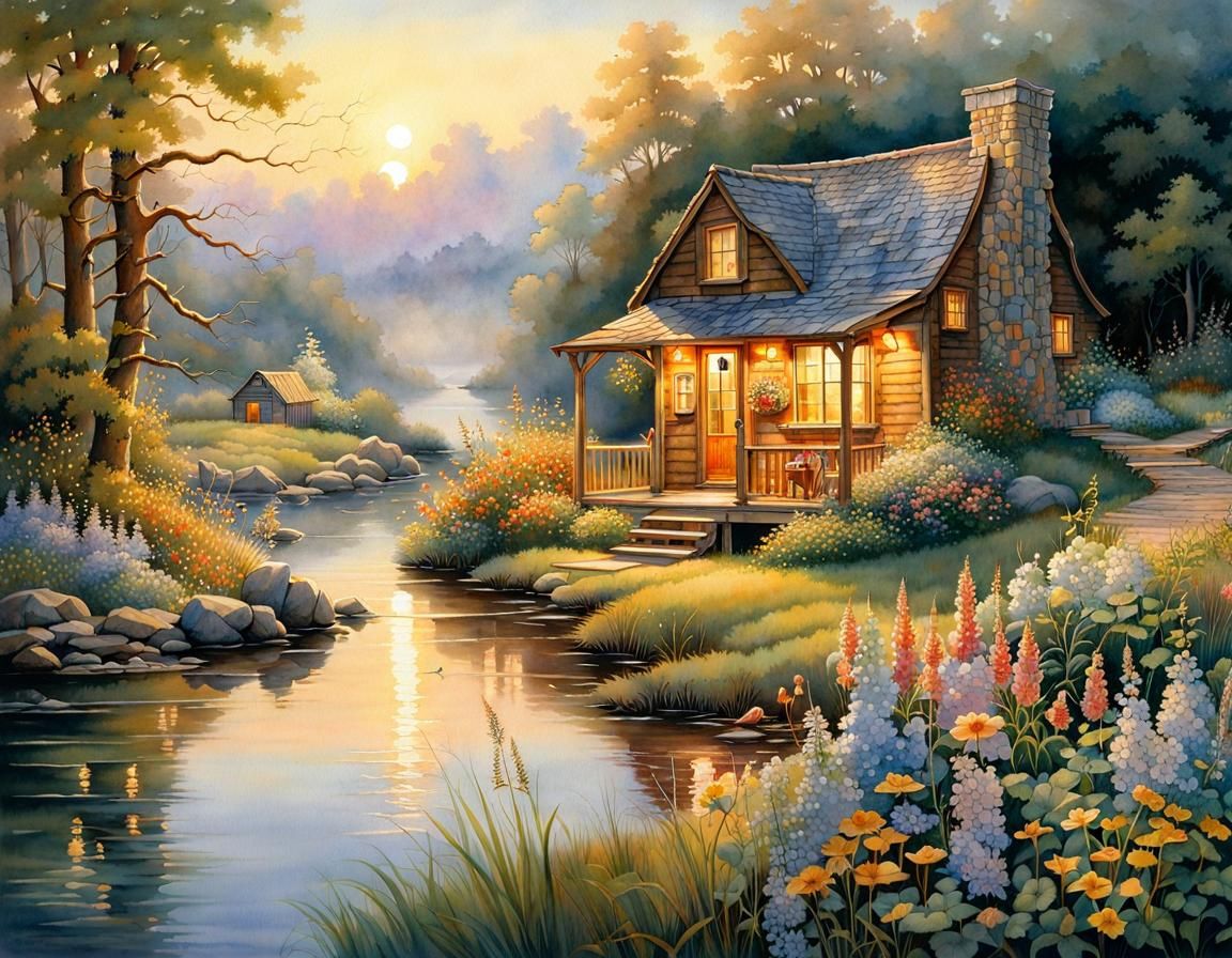 Watercolor Cabin with Birds and Wildflowers