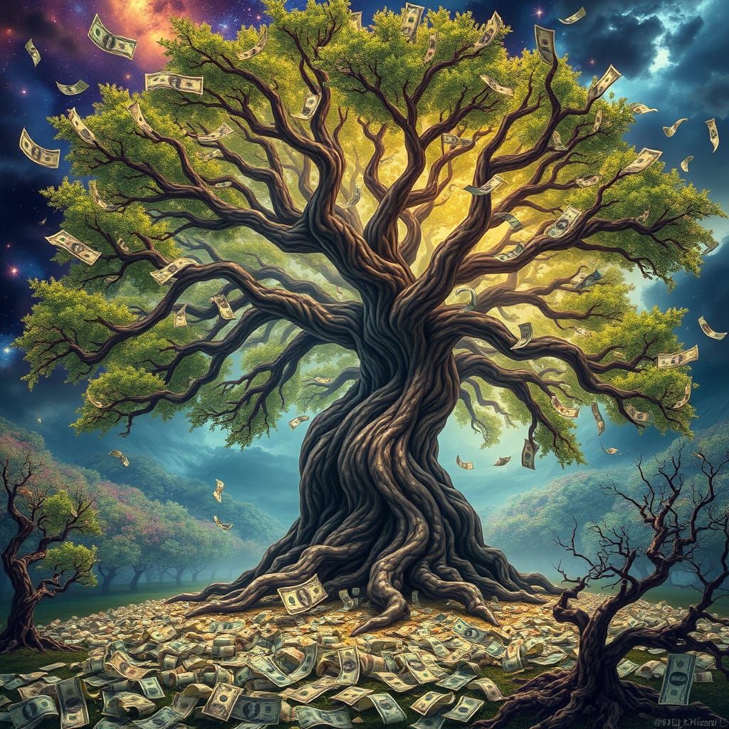 Majestic Dollar Bill Tree in Vibrant, Iridescent Hues