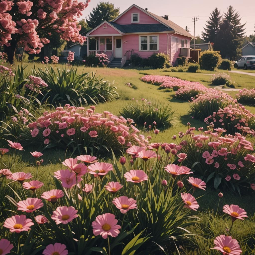 Floral Pink House in Modern Style on Sunny Day