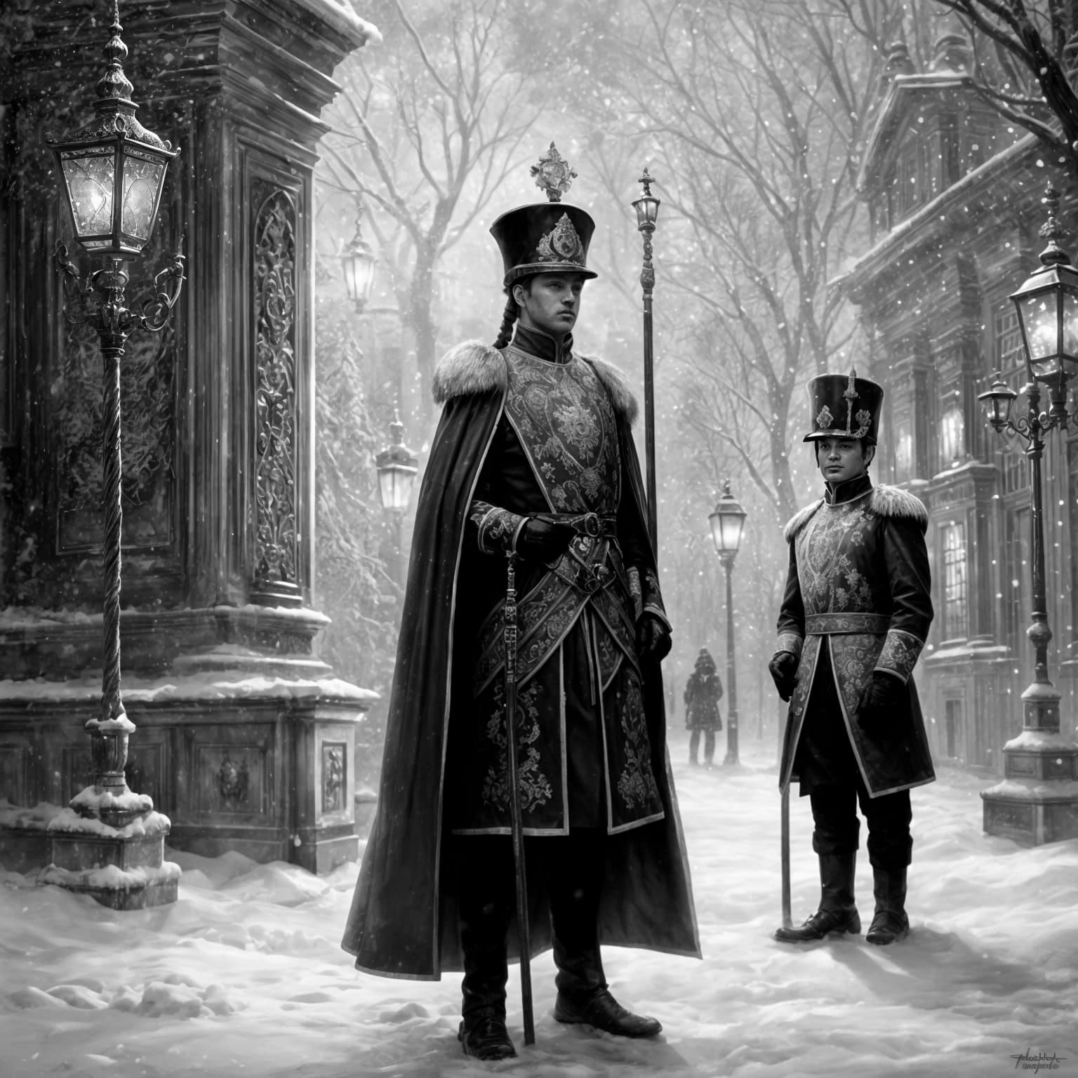 Ethereal Guards at the Royal Palace in Snowy Splendor