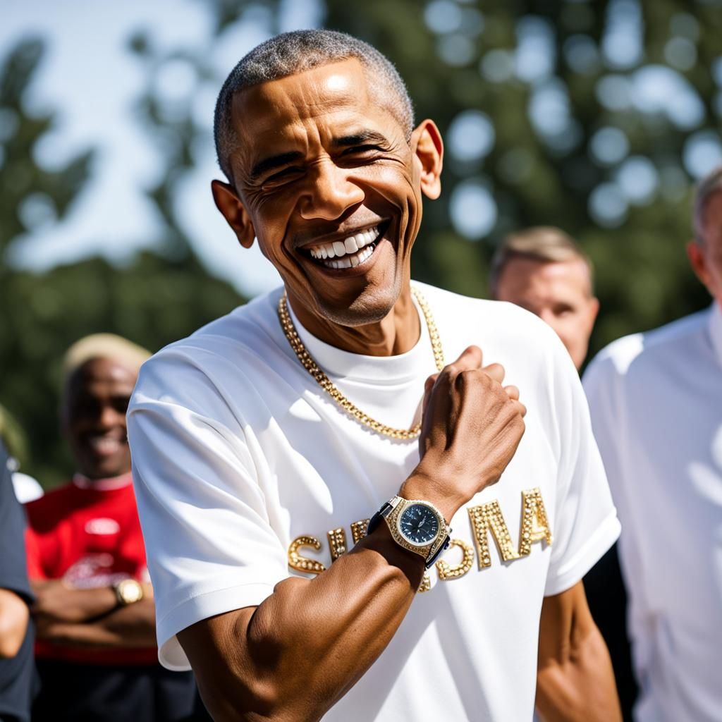 Obama Smiling Portrait with Diamond Grillz and Rolex