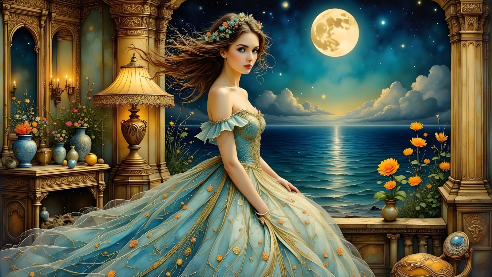 Ethereal Woman in Palace, Pre-Raphaelite Style