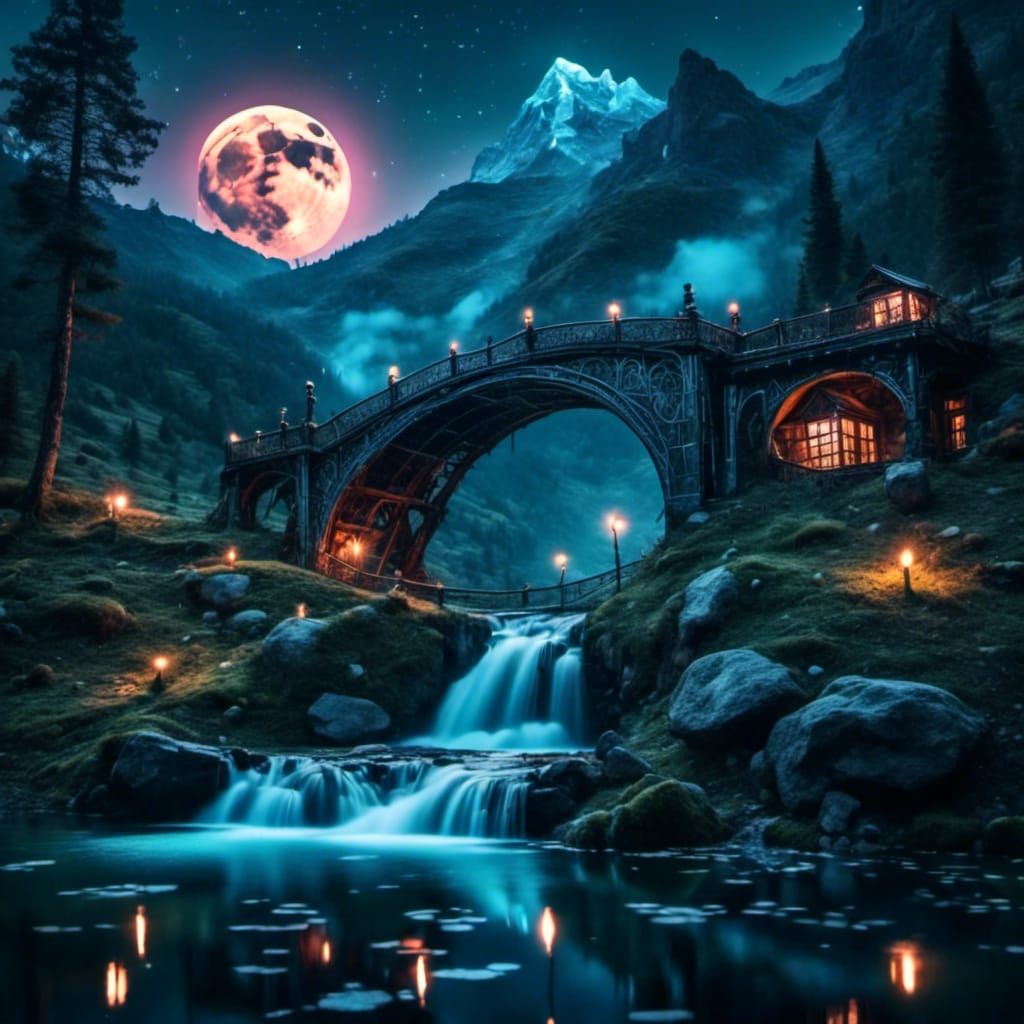 Moonlit Waterfall and Pond with Bridge