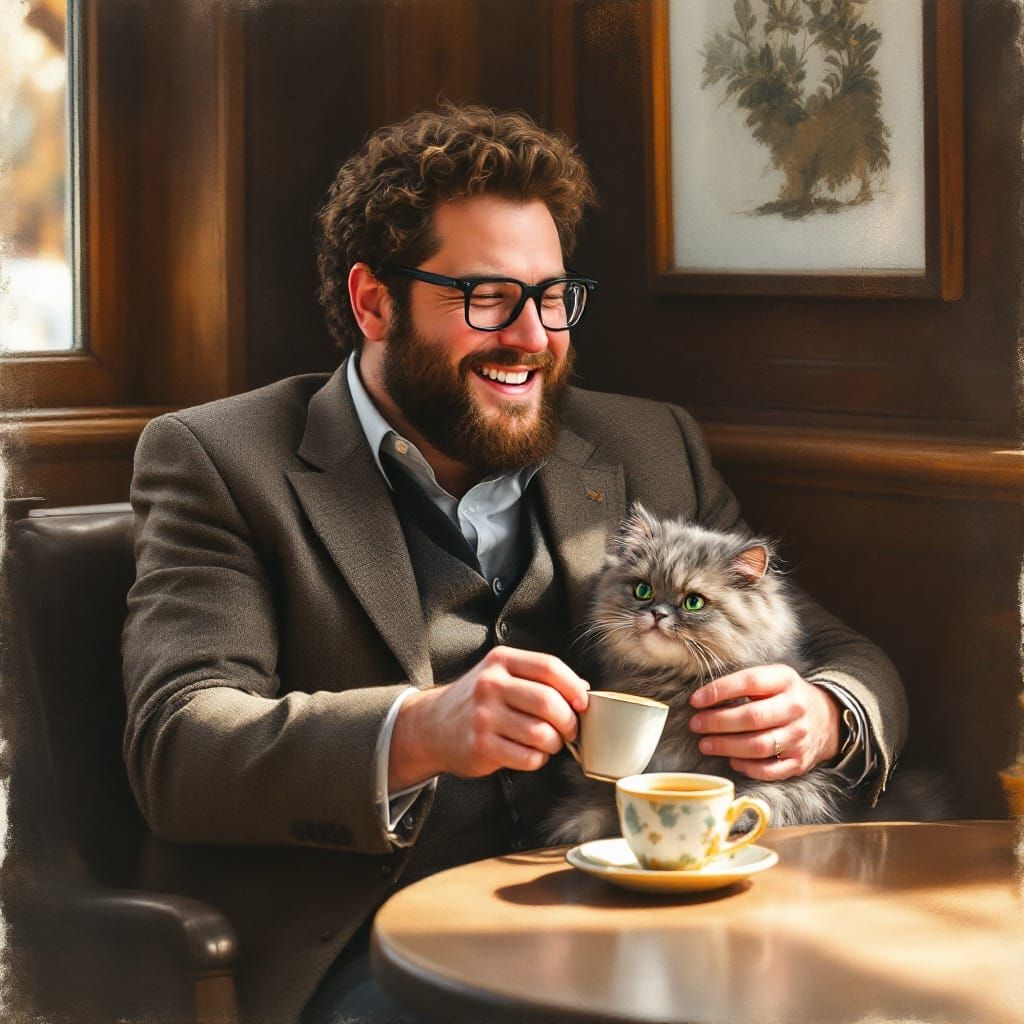 Tweed Suit Gentleman Sips Coffee with Whimsical Feline Compa...