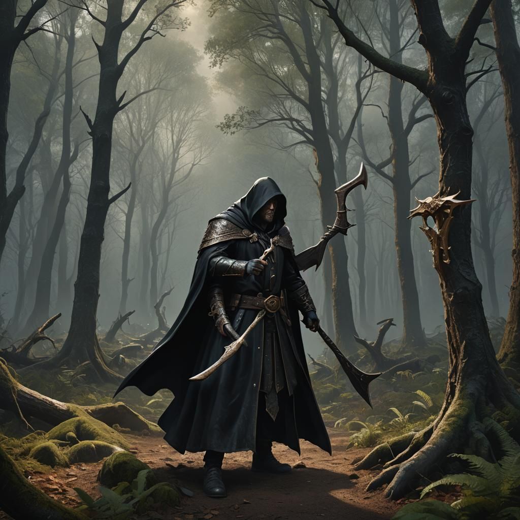 Colossal Cloaked Warrior in Mystical Forest