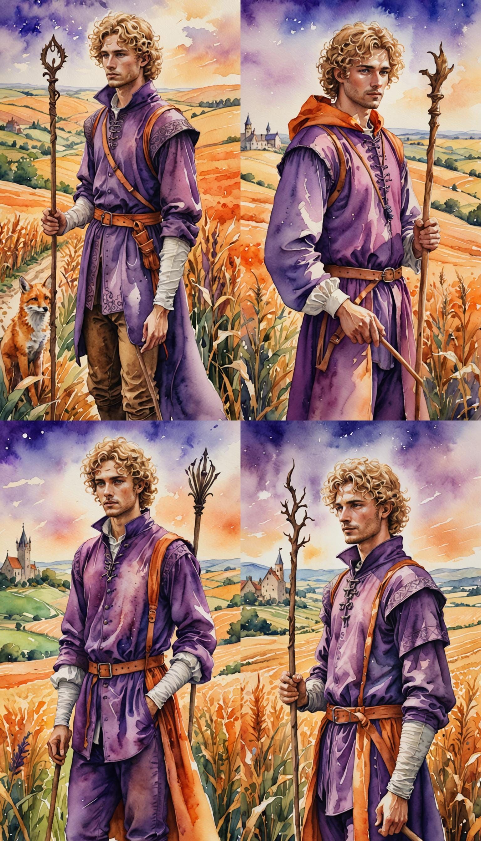 Young Man with Staff in Watercolor Summer Landscape