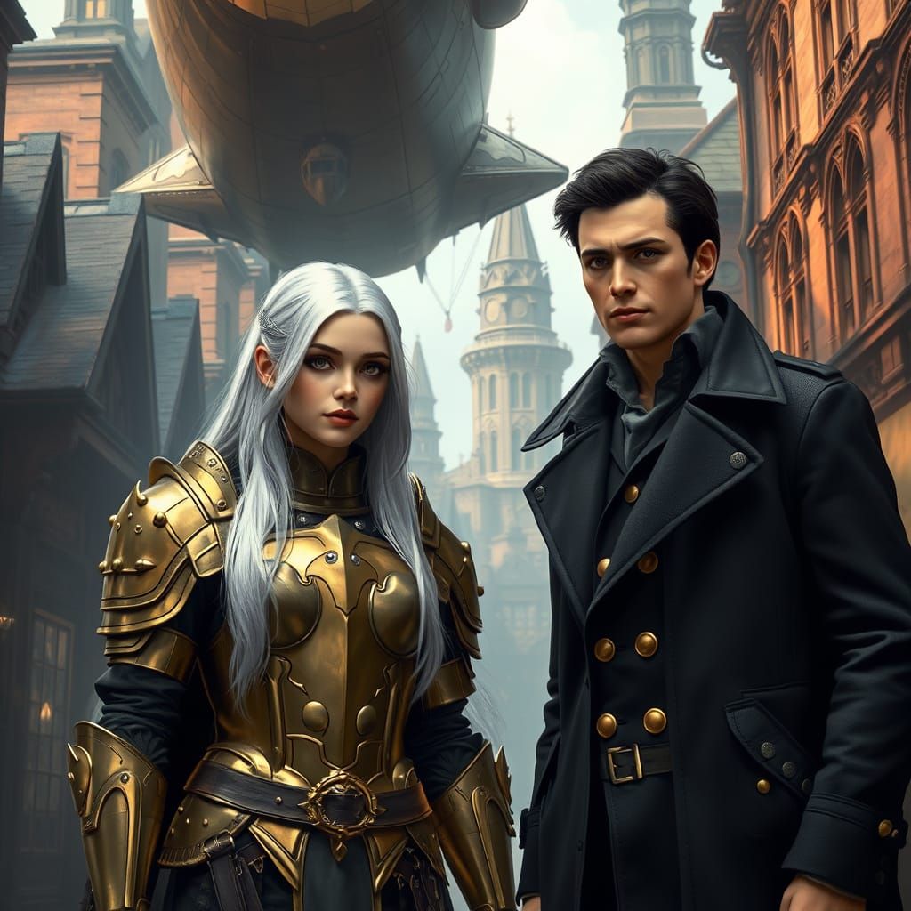 Elegant Steampunk Warrior Amidst Vintage Architecture