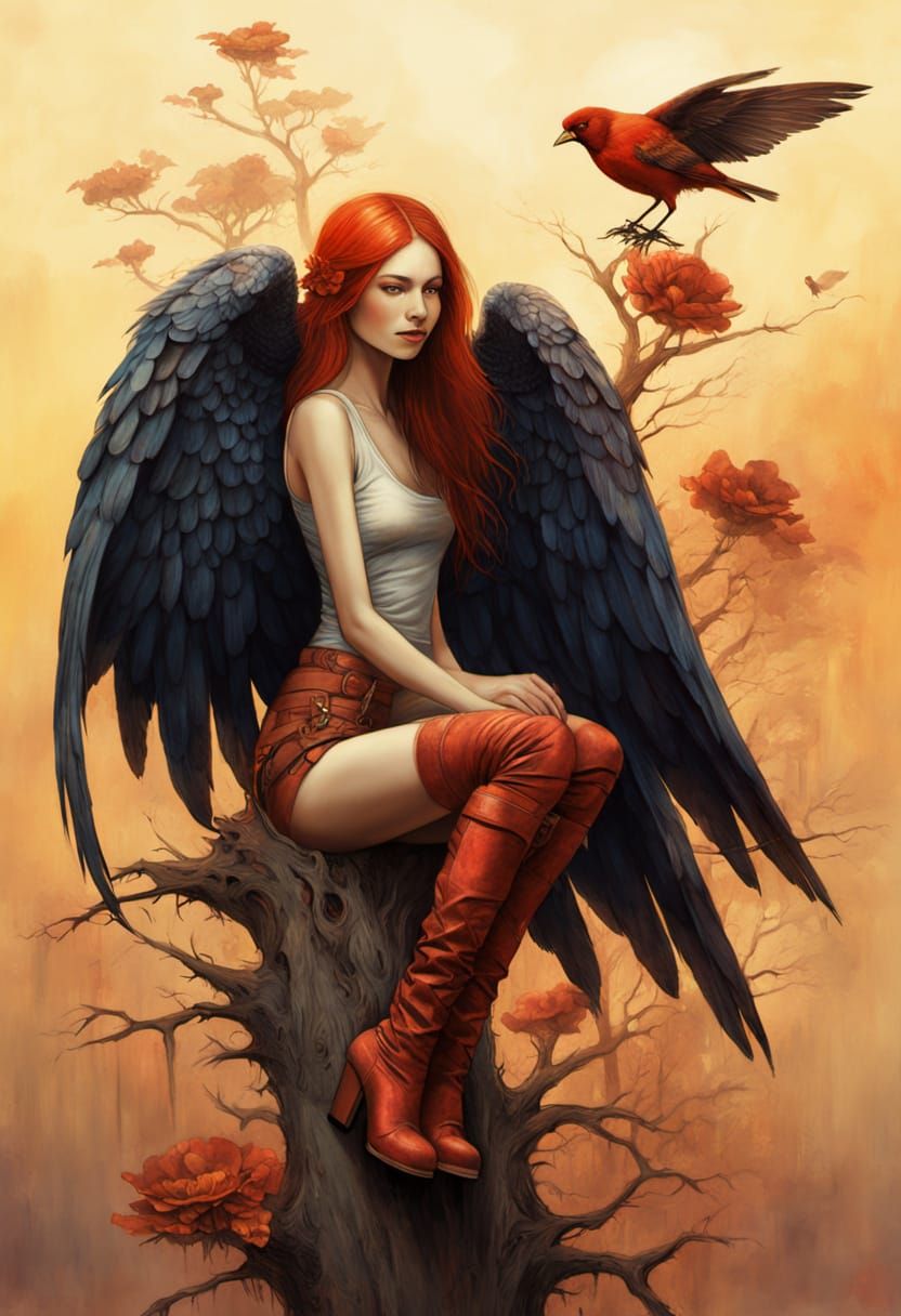 Red-Winged Woman in Beksiński-Style Landscape