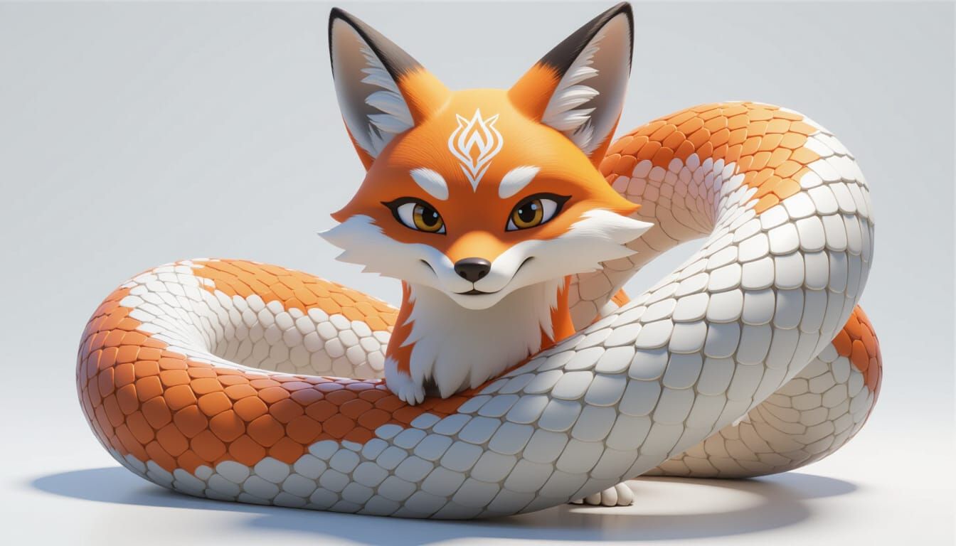 Friendly Fox-Faced Snake Creature in 3D Anime Style