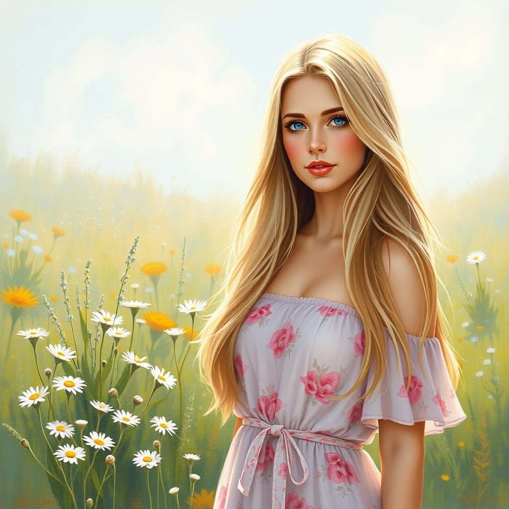 Impressionistic Woman in Wildflower Meadow