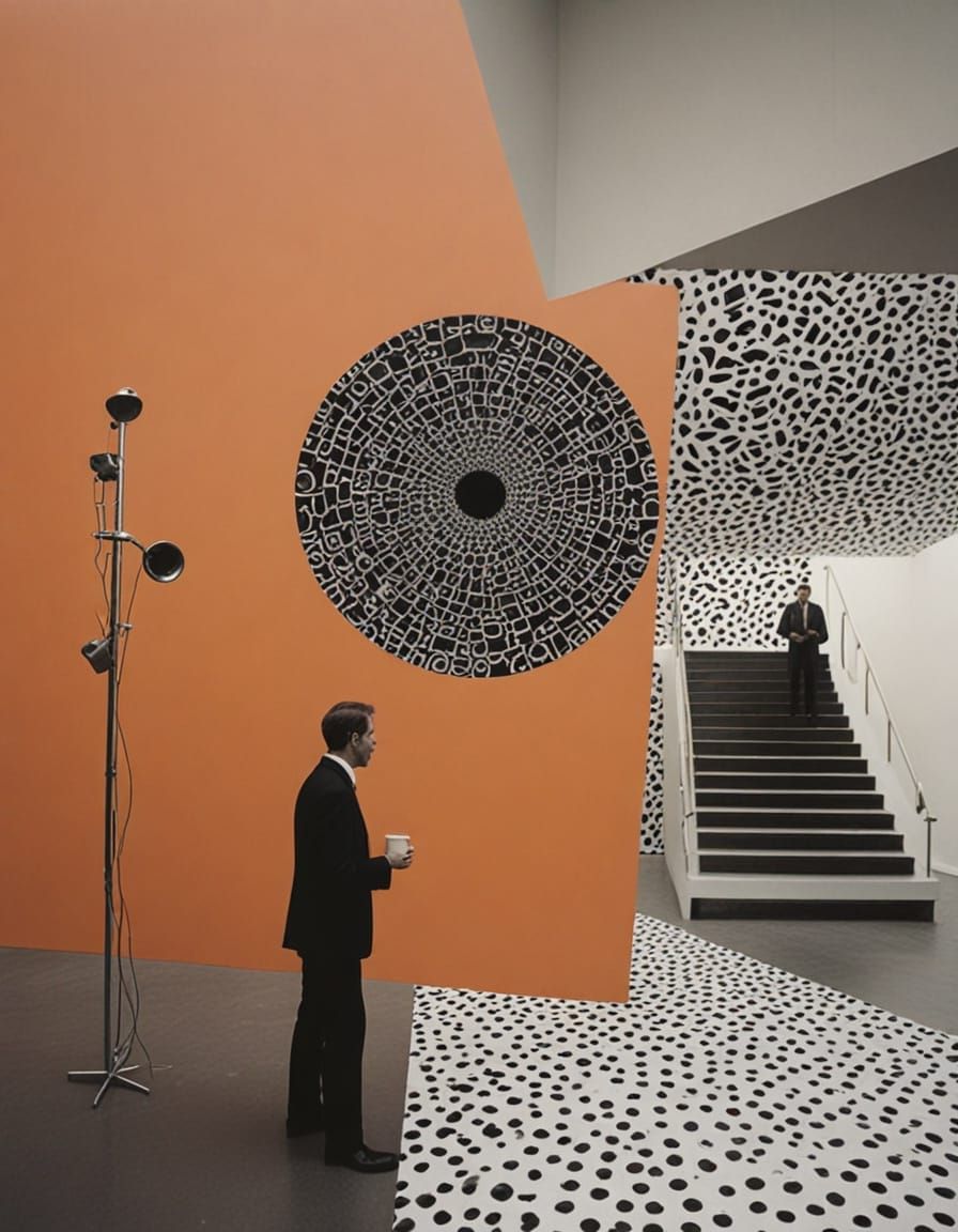 Man Studies Abstract Forms in Vast Space