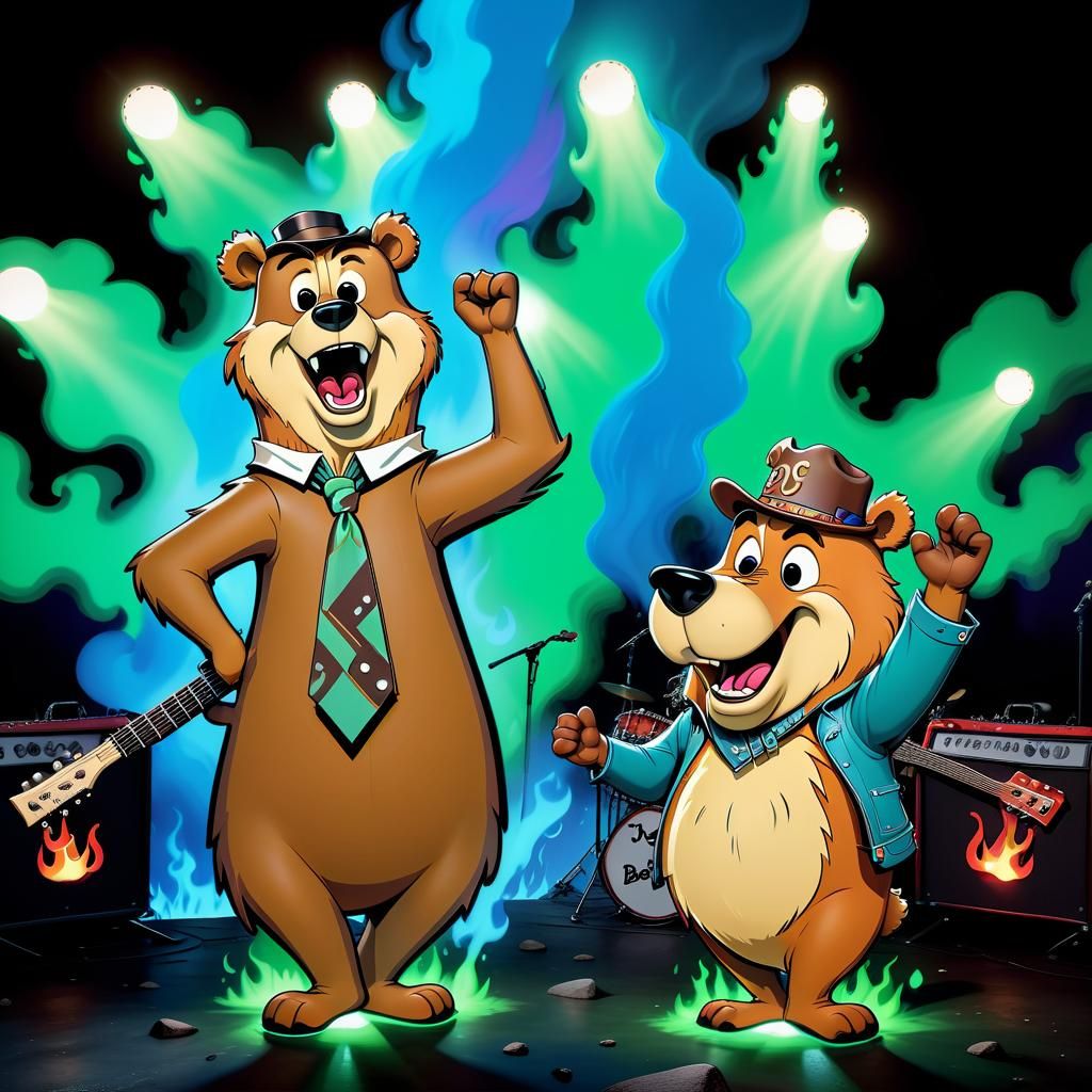 Yogi Bear and Boo Boo Rock Concert in Cartoon Style